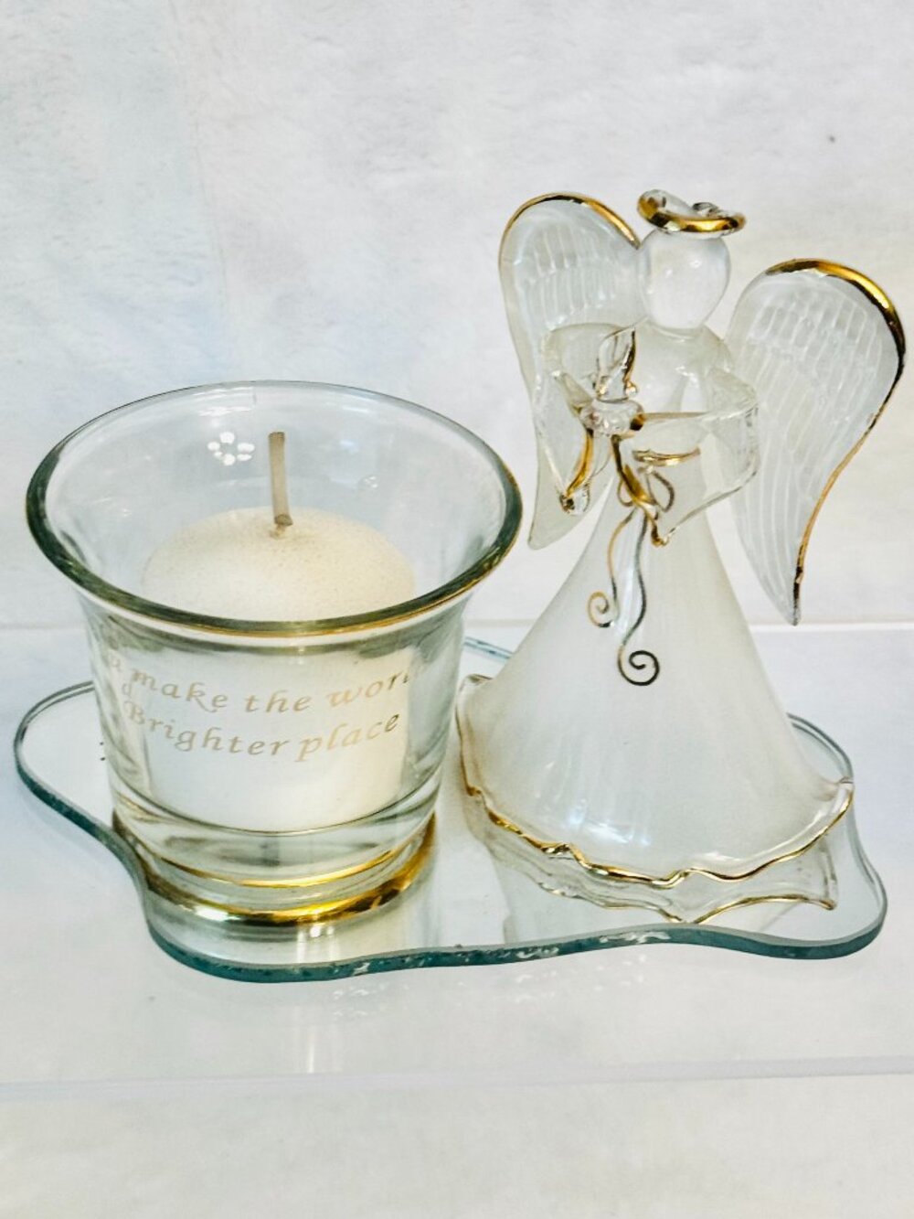 Clear Glass Angel Candle Votive Holder "You Make the World a Better Place" Mirro